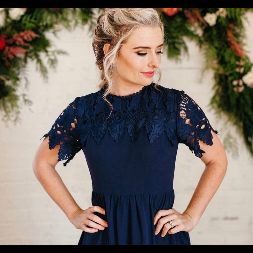 Navy Blue Formal Chiffon Gown with Lace Sleeves
